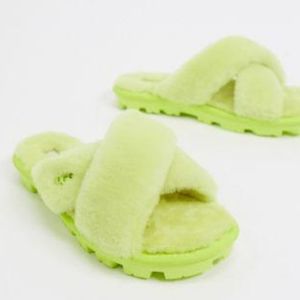 UGG Fuzette Cross Strap Fluffy Neon Green Slippers